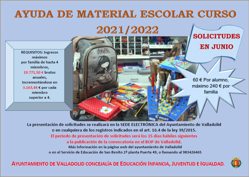 Ayuda de material escolar curso 2021/2022 Portal Web del Ayuntamiento de Valladolid